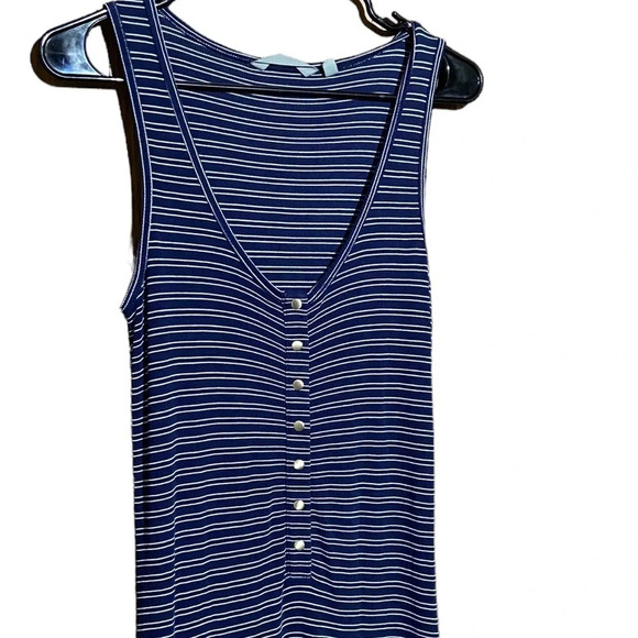 Athleta Hermosa Henley Dress Size Medium Midi Length Navy Blue White Stripe Maxi - Picture 2 of 7